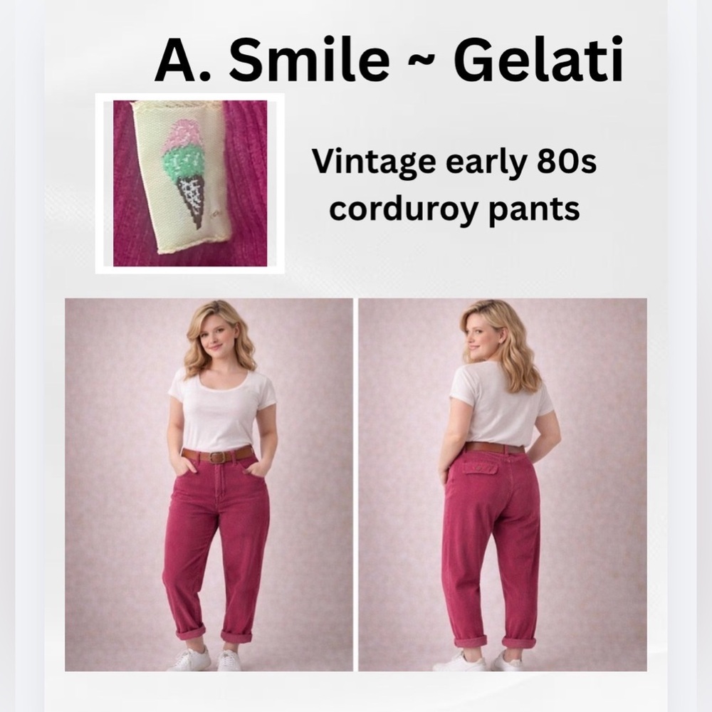 A. Smile Gelati - vintage 70’s corduroy pants ice cream logo -raspberry pink